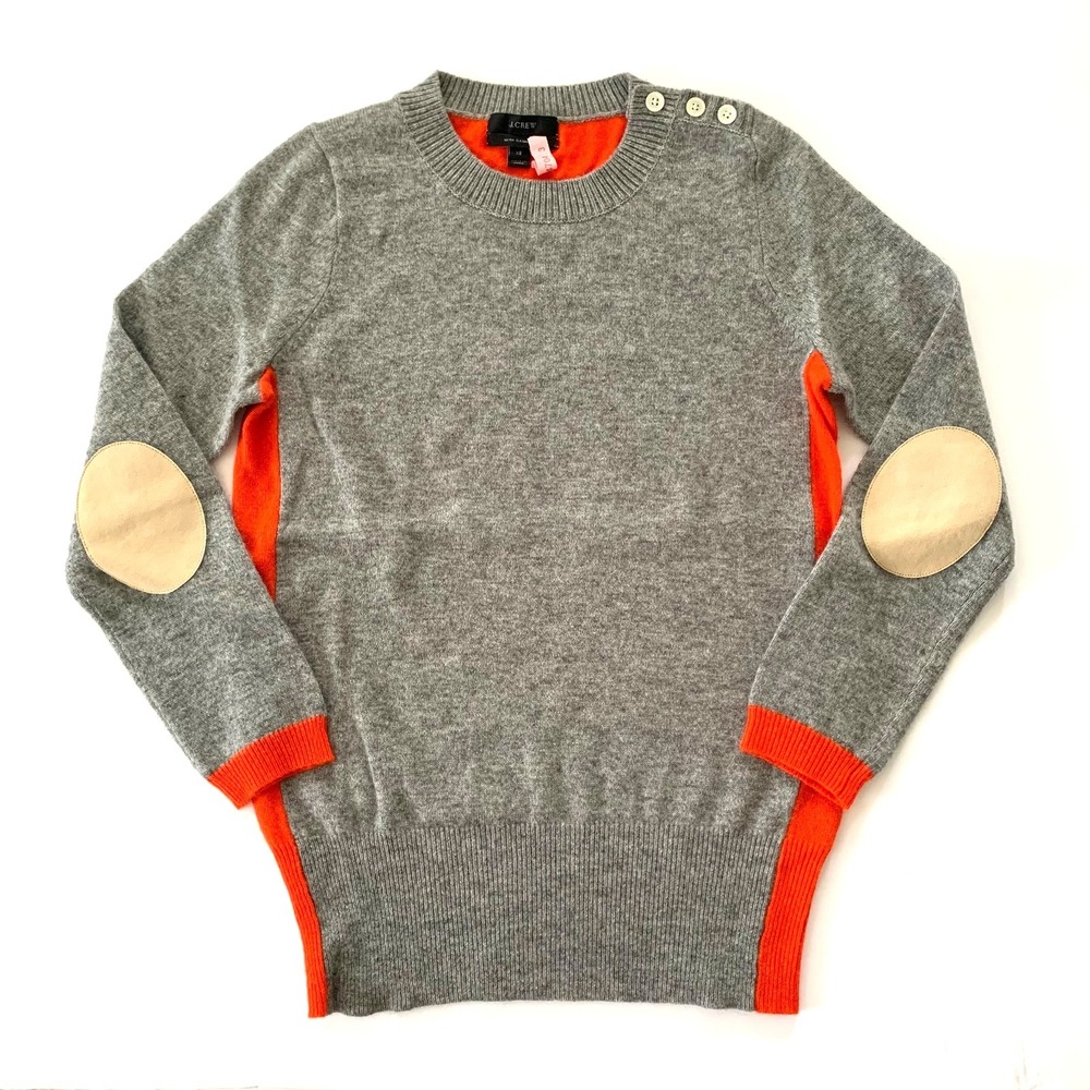J‎ Crew Wool Cashmere Gray Orange Sweater XS 00 0 2 Elbow Patches Color Block